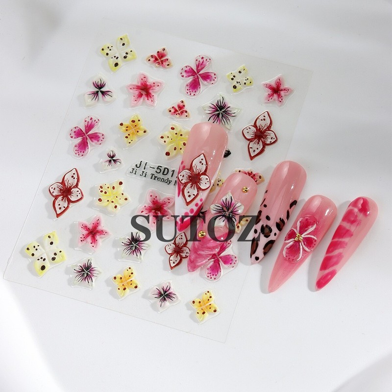3D Hawaiian Flower Embossed Lily Hibiscus Floral Nail Art Stickers Decor NH29 gallery
