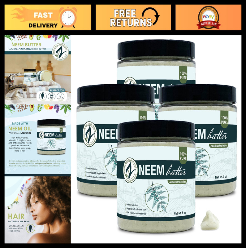 Neem Butter 4 Pack – Coconut Oil, Neem Oil, Marula Oil, Kokum, Rosemary, 8 oz –