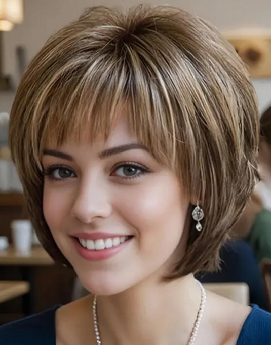 Women Short Brown Mix Blonde Pixie Cut Wig with Bangs Brown Daily Party Wig gallery