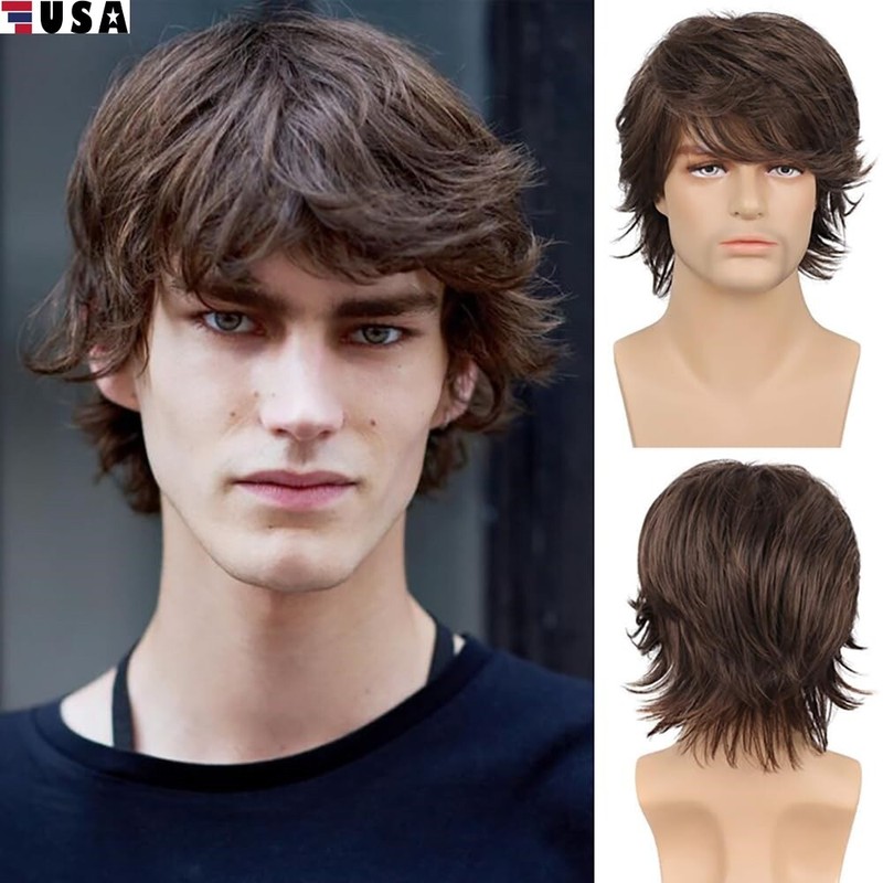 Men Short Brown Wig Natural Fluffy Synthetic Hair Wig Heat Resistant for Cosplay