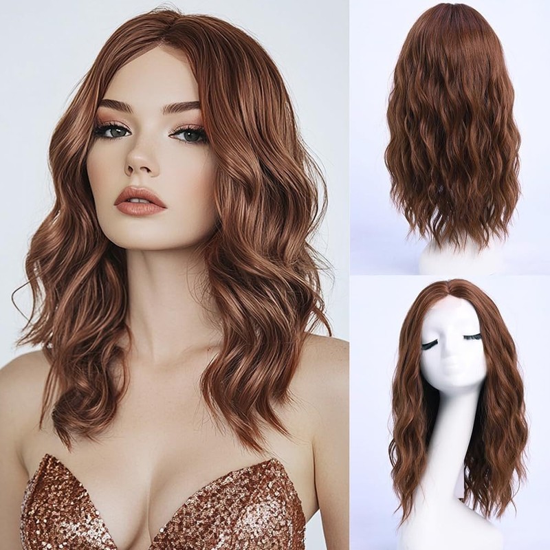 16″ Middle Part Loose Wave Wig, Ombre Auburn Brown Curly Hair, Small Lace Front