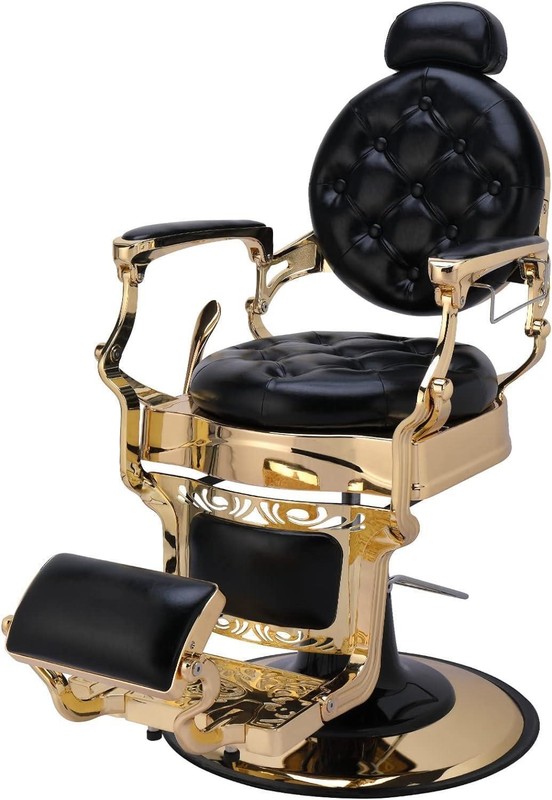 Vintage Barber Chair Heavy Duty Gold Metal Frame Hydraulic Recline Salon Chair