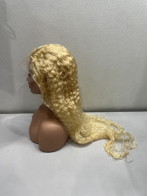 613 Blonde Curly Human Hair Blend 13x6 Lace Front Glueless Wig, 32'' gallery