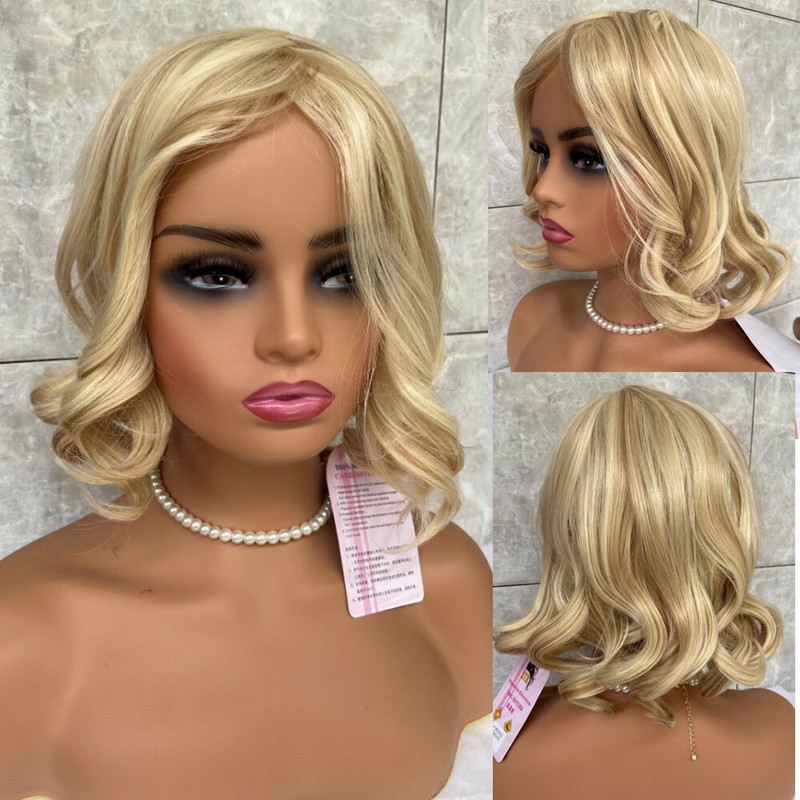 Medium Wavy Blonde Mix Human Hair Blend Heat OK Wig Women Soft Natural Daily