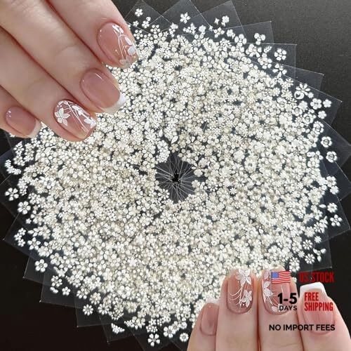 30 Sheets Flower Nail Art Stickers with Rhinestones 3D Self Adhesive White