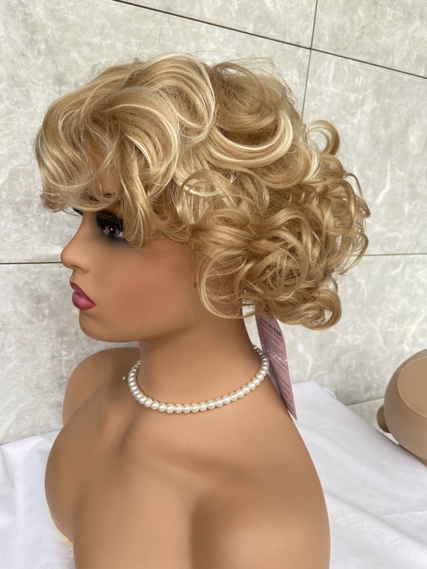 Short Fluffy Curly Wavy Blonde Mix Free Hairstyle Human Hair Blend Heat Ok Wig gallery