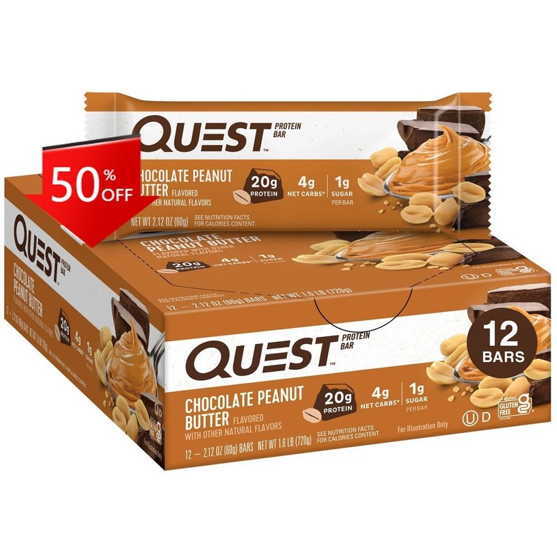 Quest Nutrition Chocolate Peanut Butter Whey Protein Bars – 20g Protein – 12ct