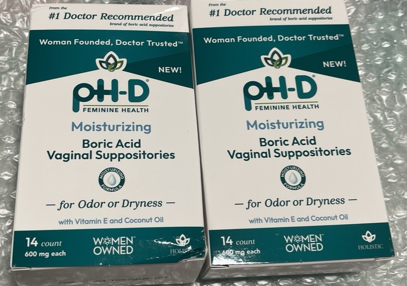 pH-D Boric Acid Vaginal Suppository 600 mg exp 6/27 For Odor Dryness 14 Ct X2