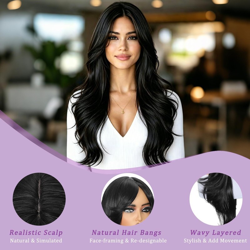 Brown Mixed Blonde Layered Wigs with Curtain Bangs Long Wavy Natural Looking gallery