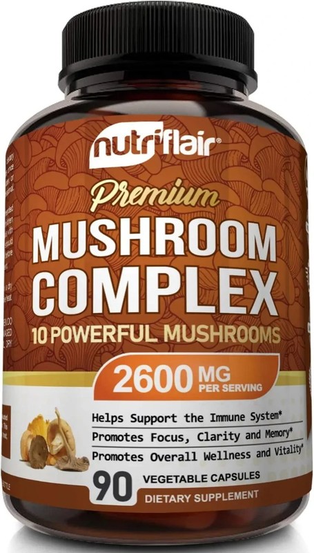 NutriFlair Mushroom Complex Supplement 2600mg 10 Powerful Mushrooms Blend 90Caps