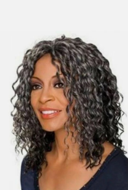 Fashion Black Mixed Gray Capless Fluffy Curly Medium Capless Wig Hair For Women