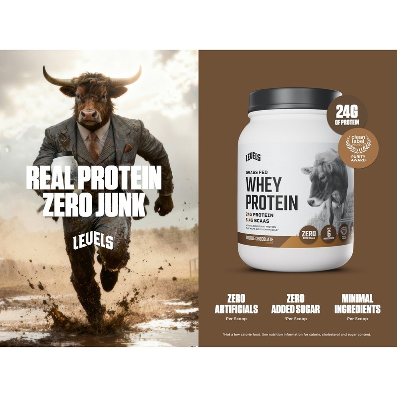 Levels Grass Fed Whey Protein Powder Double Chocolate 24G Protein 1.48LB Gym New gallery