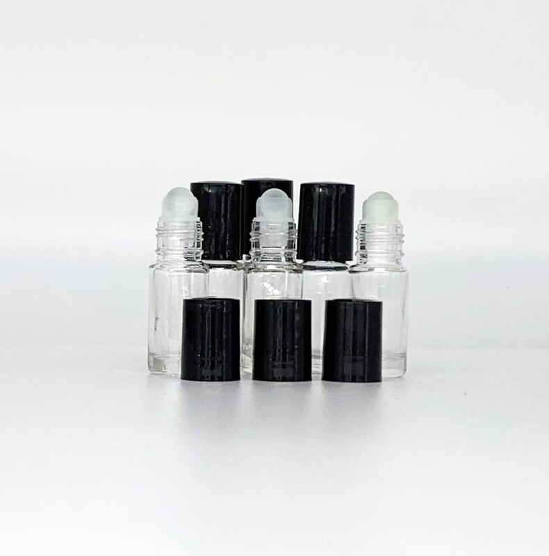 6 Bottles Clear 1/6 oz, 5 ml GLASS Roll On Bottle With Black Cap & Roller New !
