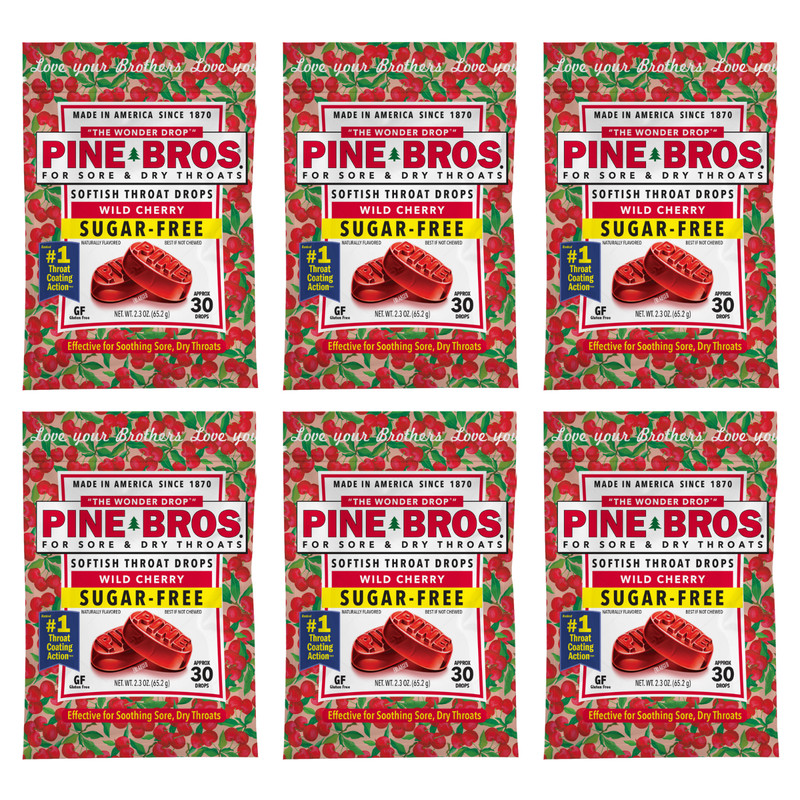 Pine Bros Softish Throat Drops Wild Cherry Sugar Free — 30 Drops (Pack of 6)