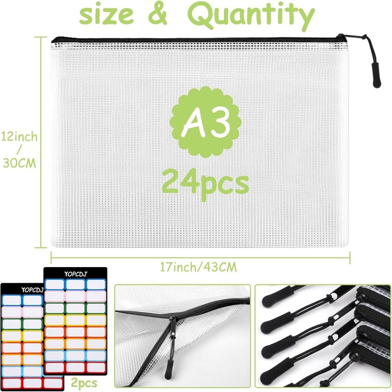 24pcs A3 Mesh Zipper Pouches - Waterproof for All Your Storage Needs gallery
