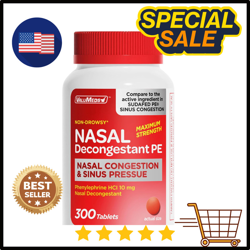 Nasal Decongestant PE Phenylephrine Hcl 10Mg Tablets (Bulk 300 Count) Non-Drowsy
