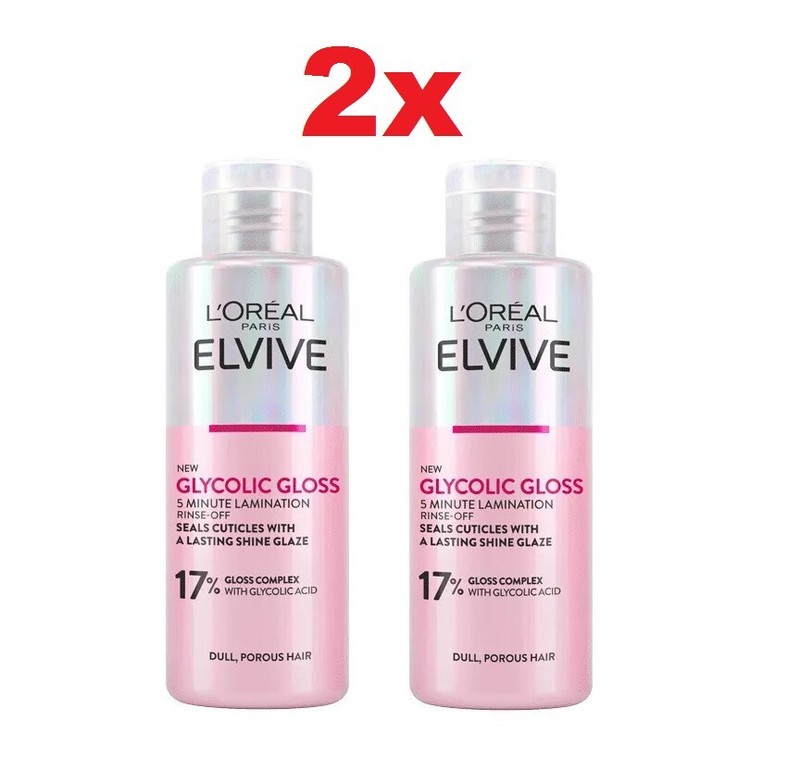 2x L’Oreal Paris Elvive Glycolic Gloss 17% Lamination Rinse-Off Treatment, 200ml