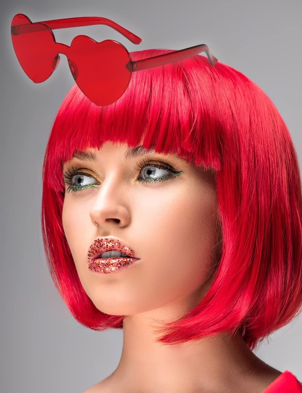 12 Inch Bright Red Bob Wig with bangs & Sunglasses Costume Cosplay Party