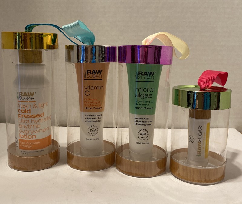 Raw Sugar Lotions 3 Different Kinds And Sizes And Lip Balm. Lot Of 4. New