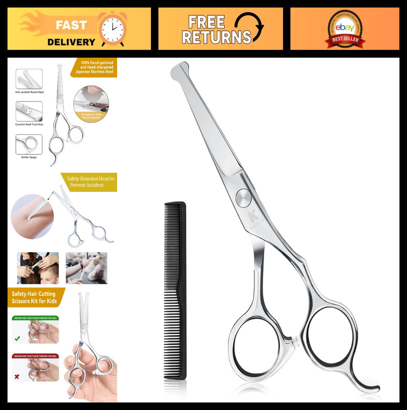 6.1″ Kids Hair Cutting Scissors – Safety Rounded Tips for Toddlers & Children, H