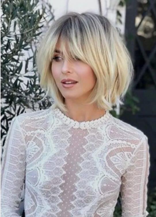 Shagg Bangs Bob Wavy Dark Roots Blonde Synthetic Hair Wigs Women Natural Daily