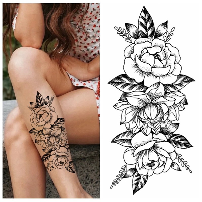 Black Flowers Camellia Peony Leaf Temporary Tattoos Rose Floral Design Leg Arm