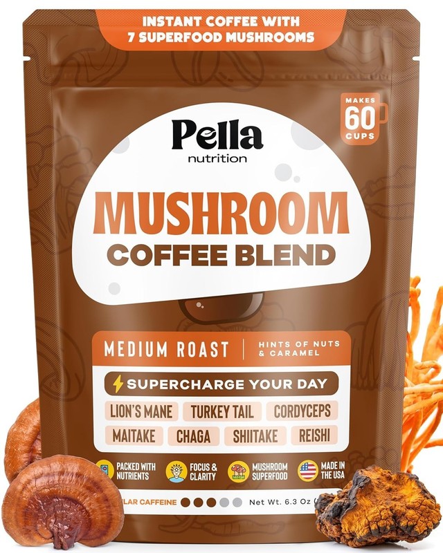 Pella Nutrition Organic Mushroom Instant Coffee 60 Servings with 7 Superfood