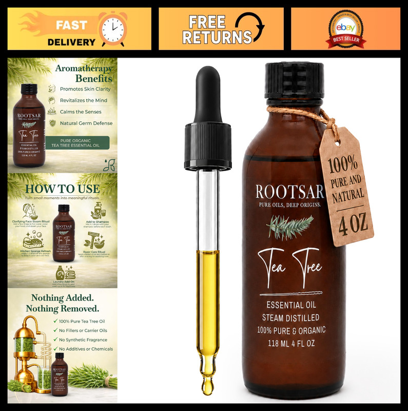 100% Pure Organic Tea Tree Essential Oil 4 FL OZ – Aromatherapy, Skin Care, Diff