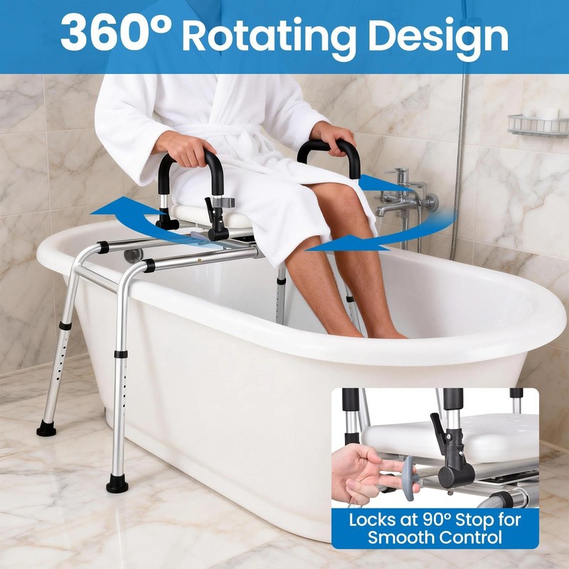 Sliding Shower Chair Tub Transfer Bench with Swivel Seat, Padded Armrest