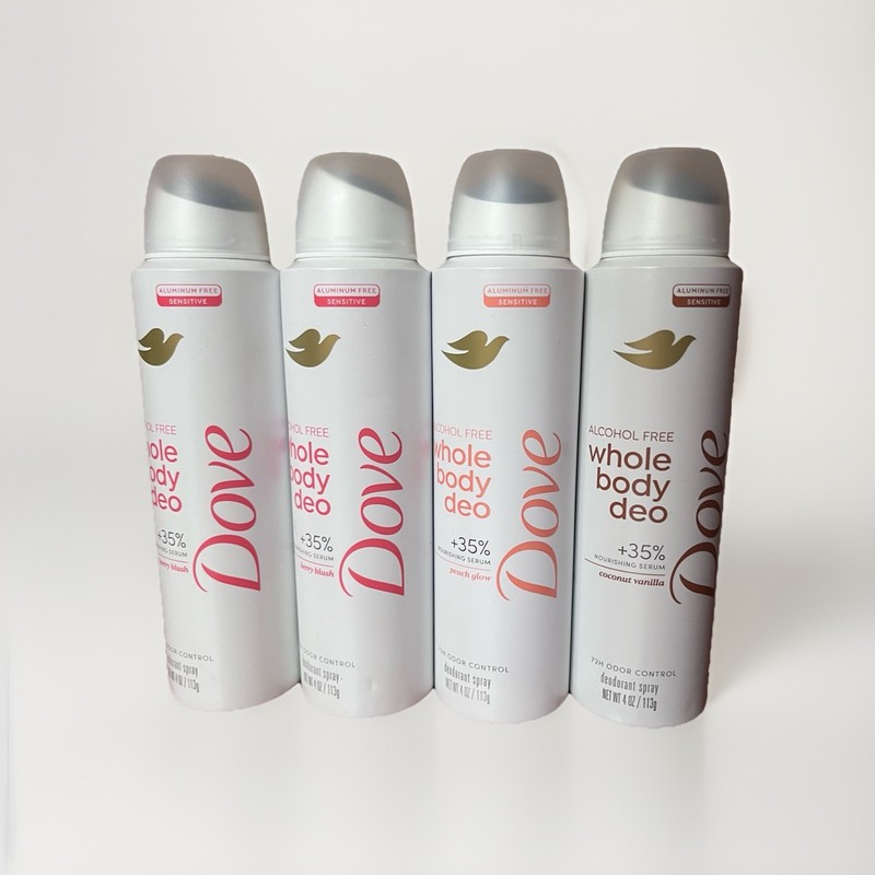 Dove Whole Body Deo Alcohol Free w/ 35% nourishing serum Deodorant Spray, 4 Pack