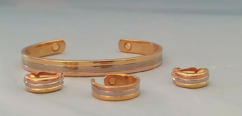 24K Gold Electroplated Magnetic Cuff Bracelet Large & Ring & Earrings