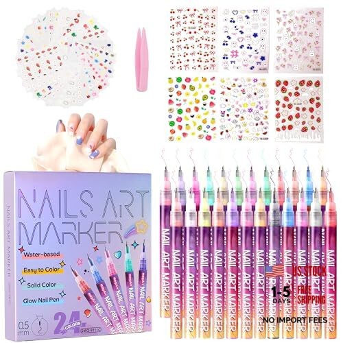 24 Color 0.5mm Fine Tip Nail Art Pen Set – Non-Toxic, Quick-Drying Nail Art