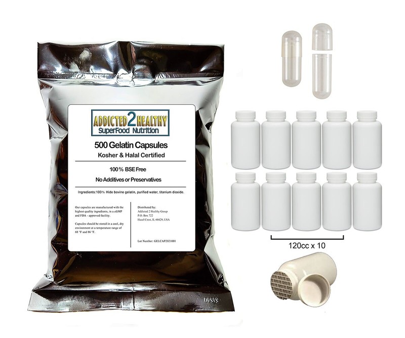 500 Gelatin Capsules Size 0 + (10) 120 ml Pill Bottles w/ Tops + Seals