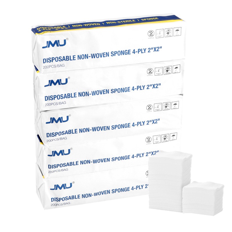 1000(5Bags) JMU Medical Non-Woven Sponge 4 Ply Cotton Soft Gauze Pad 2″X2″