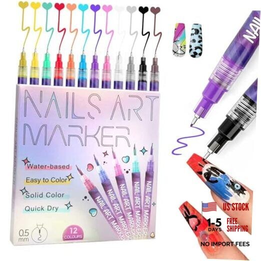 Nail Art Pens Markers Kit 12 Colors 0.5mm Fine Tip Nail 1 Count (Pack of 12)