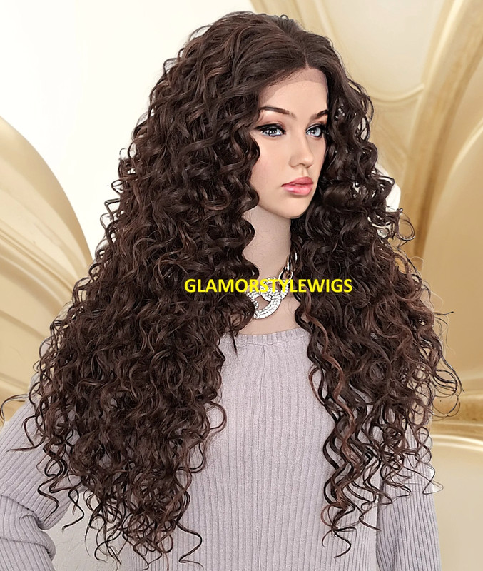 33″ FREE PART LACE FRONT WIG LONG LAYERED CURLY BROWN AUBURN MIX #F4.30 HEAT OK