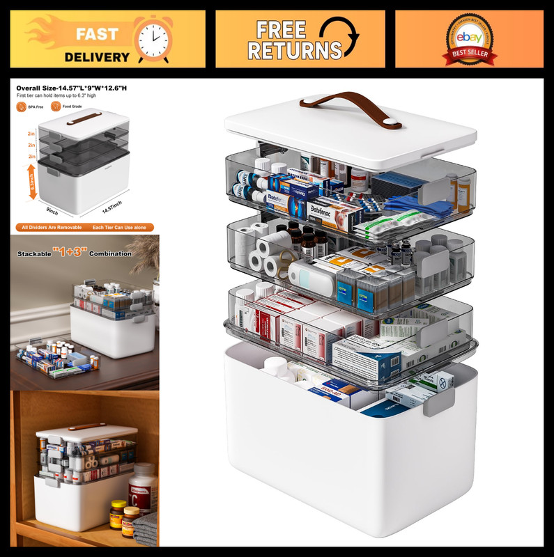 4-Tier Portable Medicine Storage Organizer Box – First Aid, Craft & Sewing Kit w