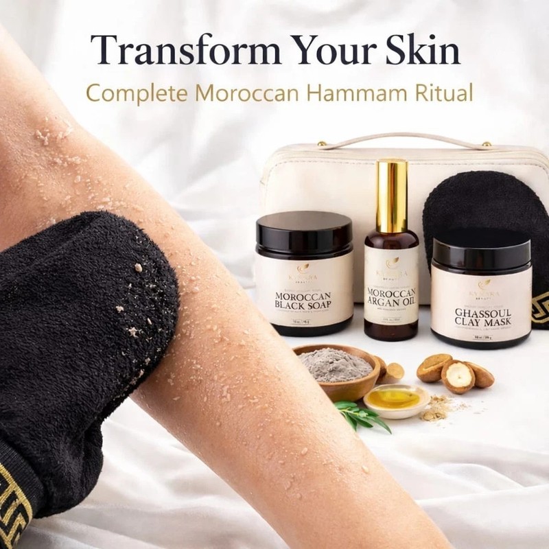 Moroccan Hammam Spa Kit Set 4(Black Soap, Argan Oil, Rhassoul Clay, Kessa glove}