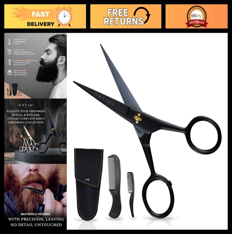 Precision Mustache Scissors 5-Inch Black – Beard Trimming Kit with Combs