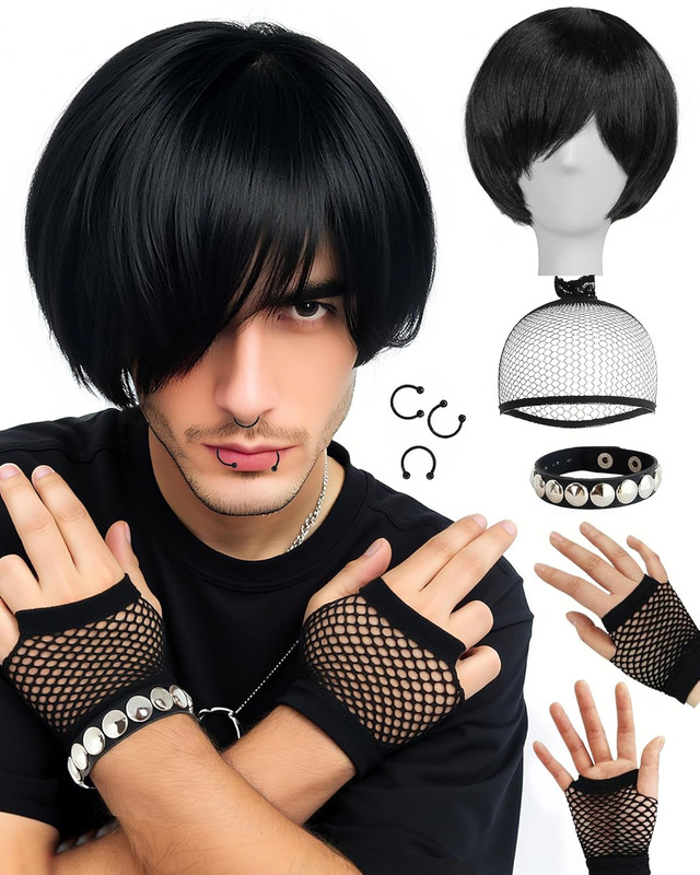 8 Pcs Emo Wig Men Short Black Wig Emo Costume Set for Men Scene Wigs Goth Wigs 2