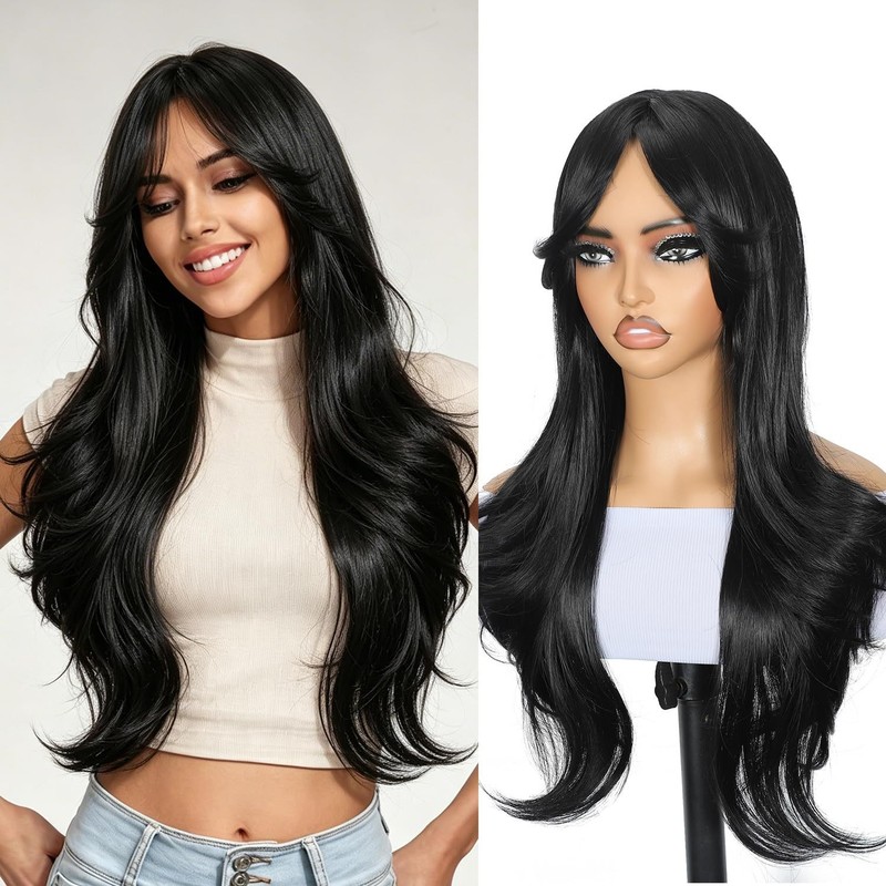 Brown Mixed Blonde Layered Wigs with Curtain Bangs Long Wavy Natural Looking