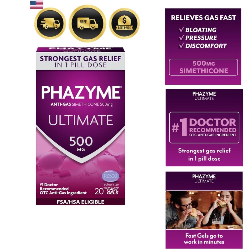Ultimate Strength Anti-Gas 500 mg Simethicone Gas Relief for Adults, Fast Gel…