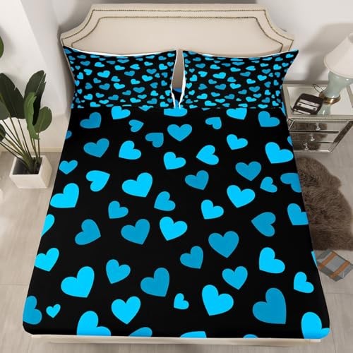 Blue Hearts Fitted Sheet Queen Size,Romantic QUEEN (W60*L80*H16") Black Blue