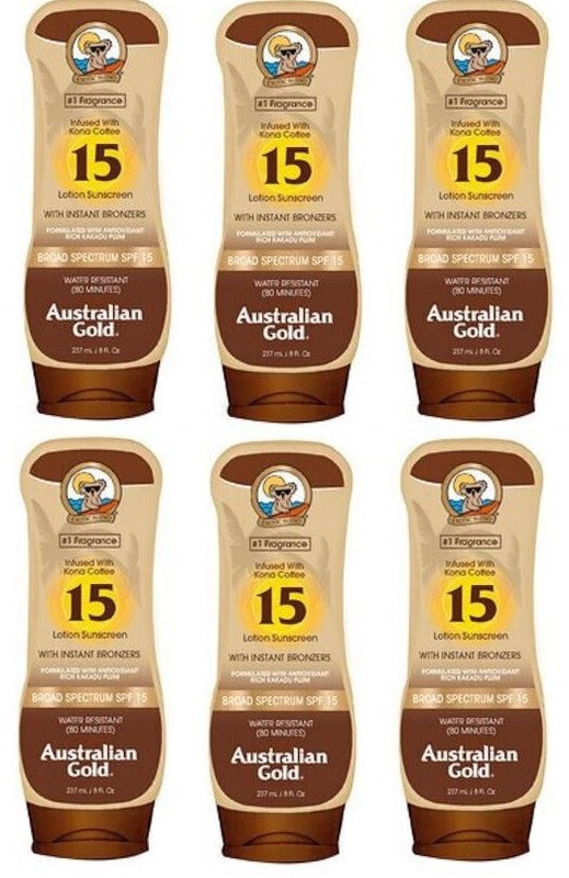 6X 8oz Australian Gold SPF 15 Sun Lotion w/Kona Bronzer READ DESCRIPTION