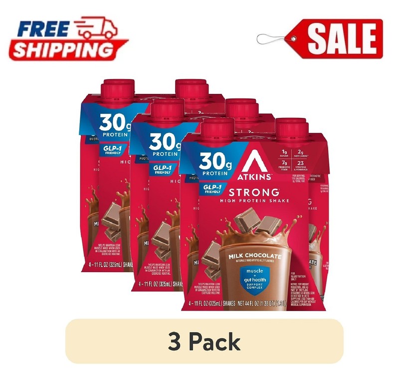(3 pack) Atkins Strong, High Protein Shake, Milk Chocolate, 30g of Protein…