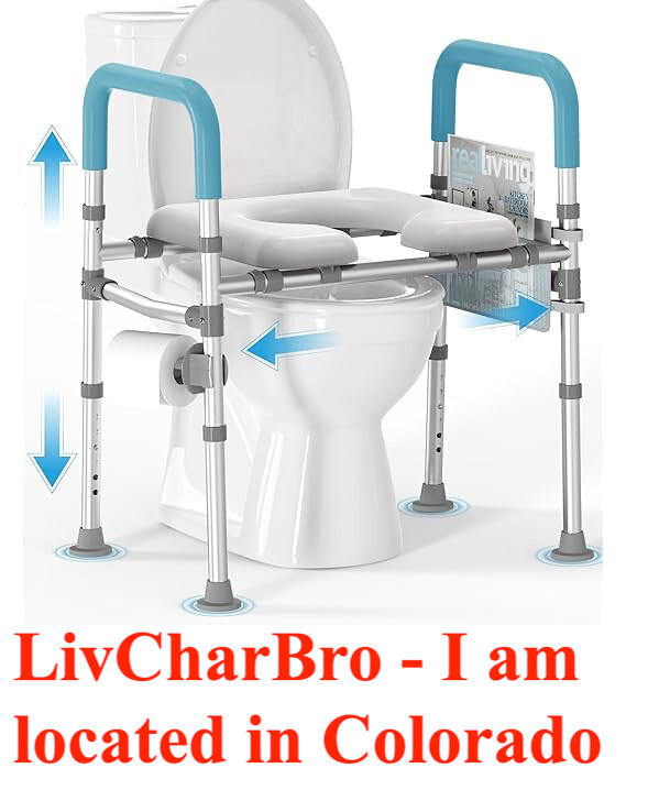 Toilet Seat Riser for Seniors Blue Padded Arms Adjustable Height & Width Raised