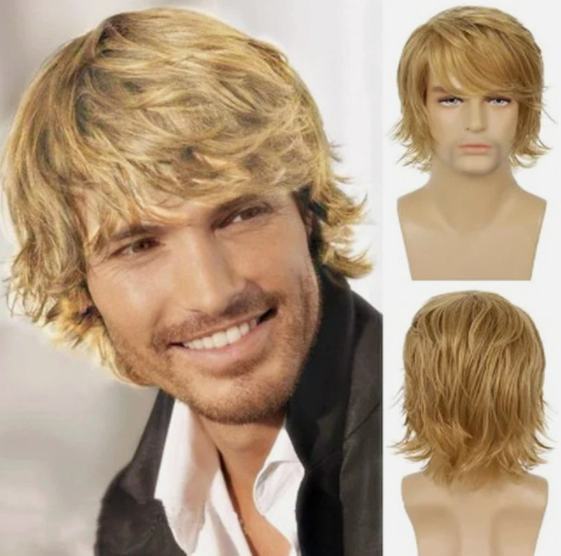 Men’s Short Wig Med-Length Men’s Hair Full Wig Grey Blonde Brown Wig