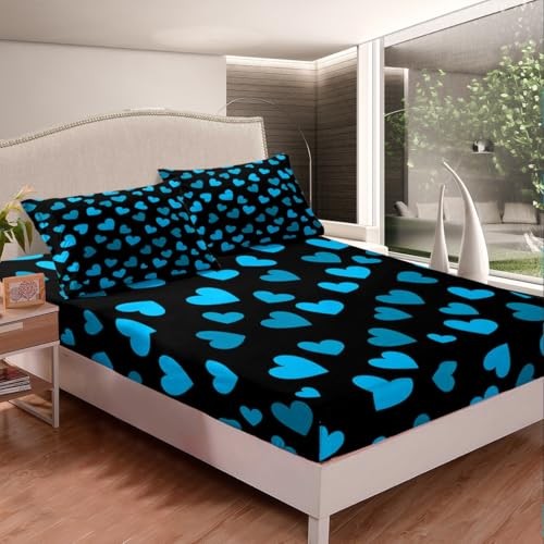 Blue Hearts Fitted Sheet Queen Size,Romantic QUEEN (W60*L80*H16") Black Blue gallery