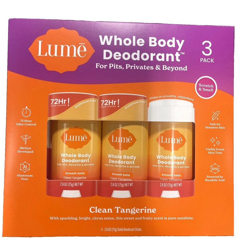 Lume Whole Body Deodorant Clean Tangerine 3 Pack x 2.6 Oz 72 Hour