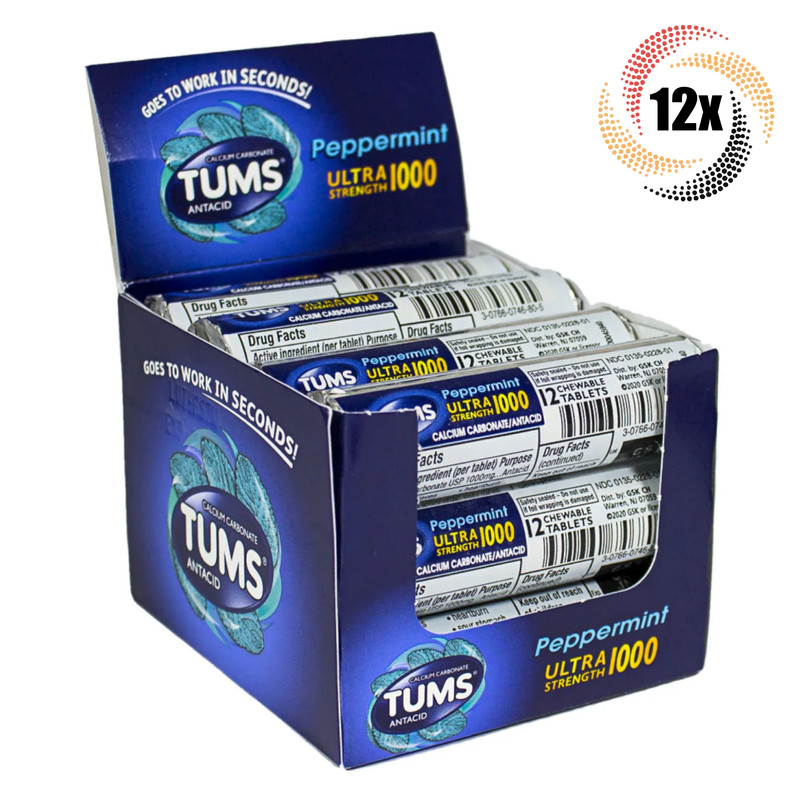 Full Box 12x Rolls Tums Ultra Strength 1000 Peppermint Tablets | 12 Per Roll